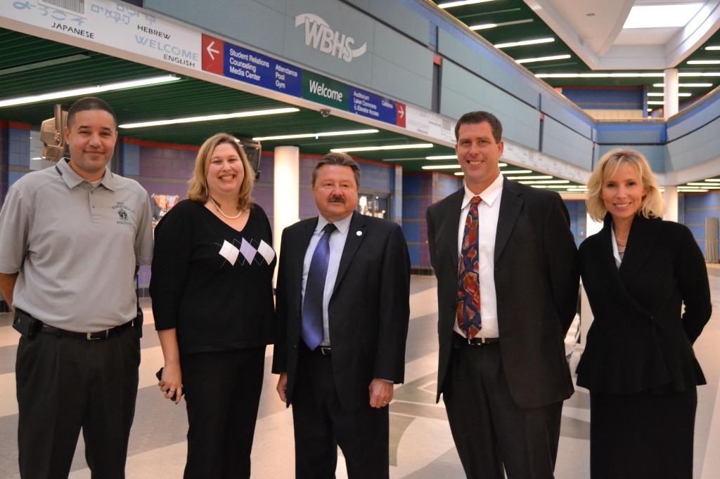 From left to right: Assistant Prinicpal Patrick Watson, Assistant Prinicpal Mara Hoffert, State Senator Mike Kowall, Principal Thomas Shelton and Counselor Lisa Graff 