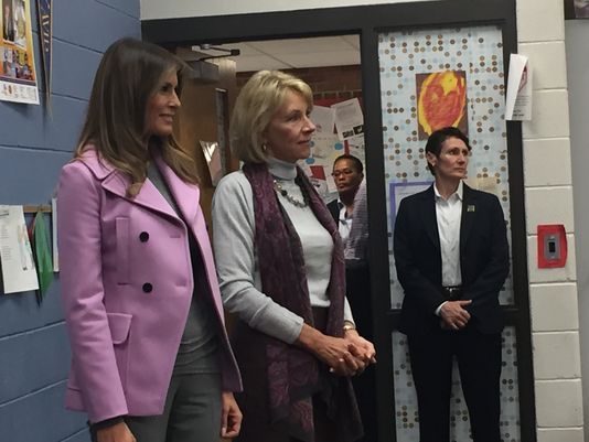 First Lady Melania Trump and U.S. Secretary of Education Betsy DeVos visited Orchard Lake Middle School Monday morning to talk about bullying and inclusion. Photo courtesy Lori Higgins of the Detroit Free Press